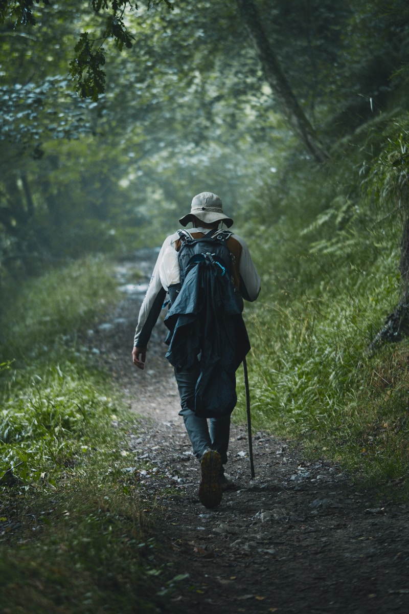 A man with a backpack walks down a path in the woods